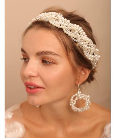 Deniferymakeup Bride Wedding Hair Vine and Earrings Set Pearl Hair Accessories Silver Rhinestone Bride Headband for Women and Girls White - Buy Online on GoSupps.com
