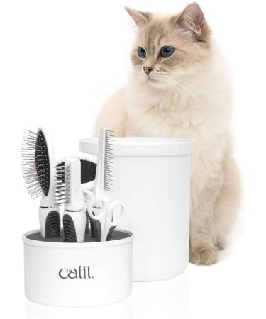 Catit Grooming Kit for Medium-Longhaired Cats. Canister includes 5 tools: Pin brush Long dematter metal slicker brush grooming comb with rolling pins and curved nail clippers - Buy Online on GoSupps.com
