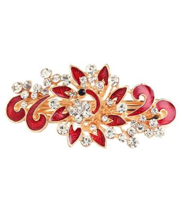 NYKKOLA Women's Multilayered Peacock Shaped Rhinestone French Barrette Hair Clip Red