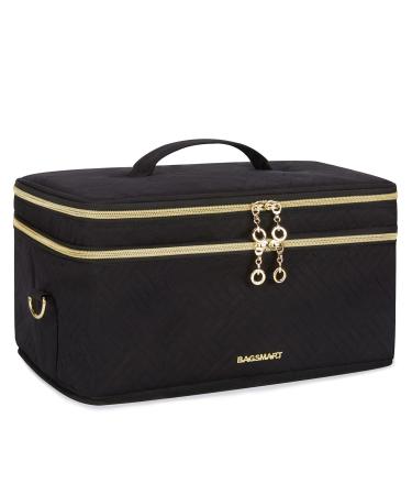 Large Makeup Bag, BAGSMART Double Layer Cosmetic Bag Travel Makeup Case Organizer with Shoulder Strap for Cosmetics Makeup Brushes Toiletries Travel Accessories (Large, Black) Large- Black