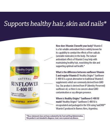 Healthy Origins Vitamin E 400 IU Sunflower - Hair Skin & Nails Supplement - Non-GMO, Gluten-Free - 120 Softgels - Buy Online on GoSupps.com