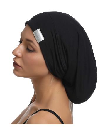 SAYMRE Satin Lined Bonnet Silky Hair Wrap Large Sleep Cap - Adjustable Beanie Slouchy Hats Bonnets for Women Curly Long Hair X-Large Pure Black