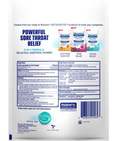 Mucinex InstaSoothe Sore Throat + Cough Relief Alpine Herbs & Mint Flavor Fast Acting Cooling Comfort Powerful Sore Throat Oral Pain Reliever 40 Medicated Drops (40 Count (Pack of 3)) - Buy Online on GoSupps.com