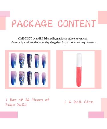 IMSOHOT Long Gradient Purple Coffin Press on Nails - Acrylic Glitter Diamond False Nails for Women | Blue Ballerina Glue On Nails - C-002 - Buy Online on GoSupps.com