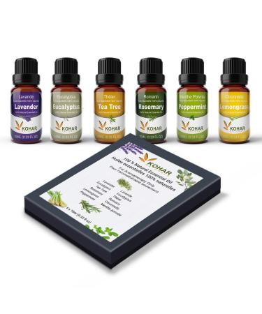 100% Pure Aromatherapy Essential Oils Diffuser fragrances Gift Set Including Lavender Eucalyptus Tea Tree Rosemary Lemongrass and Peppermint. 6 x10 mL
