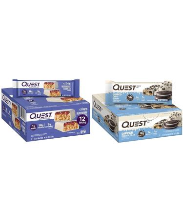 Quest Nutrition Crispy Blueberry Cobbler & Dipped Chocolate Cookies & Cream Protein Bars 16-18g Protein 1-3g Sugar 3-6g Fiber Gluten Free Keto Friendly 12 Count