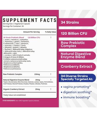 Probiotics for Women 120 Billion CFU 34 Strains Prebiotics Digestive Enzymes Cranberry 4-in-1 Feminine Probiotic Digestive Vaginal Immune Support 30ct 120 Billion for Women 30 Count - Buy Online on GoSupps.com