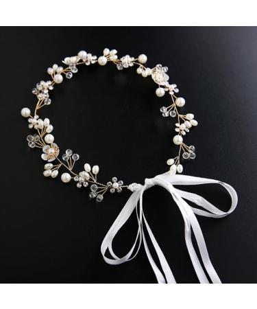 Lurrose Pearl Rhinestone Hair Hoops Princess Wedding Ribbon Headpiece Crystal Headwear Pearl Hair Decorations for Bride - Buy Online on GoSupps.com