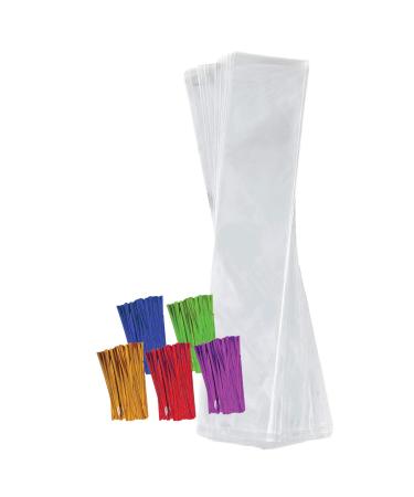 Clear Plastic Cellophane Bags with 4" Colored Twist Ties for Gifts Party Favors (2"x10", 100 Pack) 2x10 Inch (Pack of 100)