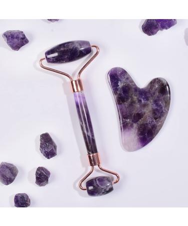ESBANT Amethyst Massager Natural Stone Facial Roller Gua Sha Tool Set Scraping Crystal Massage 2pcs zhimo