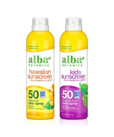 Hawaiian Coconut 50 SPF & Tropical Fruit Kids 50 SPF Sunscreen Aerosol Clear Spray Can (Pack of 2)