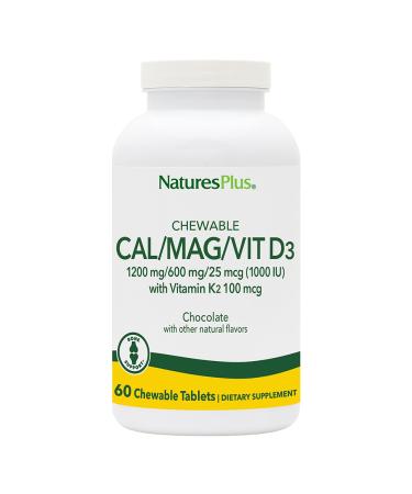 NaturesPlus Cal/Mag/VIT D3 with Vitamin K2-60 Chewable Tablets - Chocolate Flavor - Calcium Magnesium Vitamin D3 & K2 Bone Health Support Supplement - 30 Servings - Buy Online on GoSupps.com