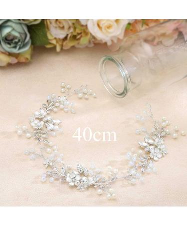 Handcess Flower Wedding Hair Vines Silver Pearls Crystal Headpieces Leaves Rhinestone Bridal Hair Accessoreies for Women and Girls - Buy Online on GoSupps.com