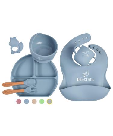 Baby Weaning Set by Bebefant Suction Bowl Suction Plate Baby Cup Adjustable Bib with Pocket Bamboo Fork & Spoon for Baby Led Weaning Baby Feeding Set (Blue)