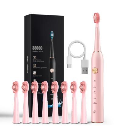 Sonic Electric Toothbrush for Adults Smart Cleaning and Whitening 5 Modes Selection 38000VPM Rechargeable with Dupant Brush Heads Suitable for Travel 1 Count Pink