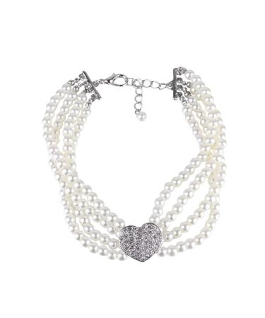 Balacoo 4 Row Dog Cat Pearl Necklace Collar with Crystal Rhinestone Heart Pendant Charm Pet Jewelry for Dog Cat Puppy Kitten Size M