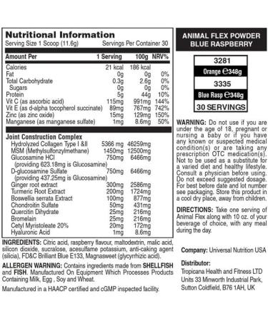 Animal Flex Powder: Complete Joint Support Supplement with Collagen, Turmeric, Glucosamine & Chondroitin - 30 Scoops Blue Raspberry - Buy Online on GoSupps.com