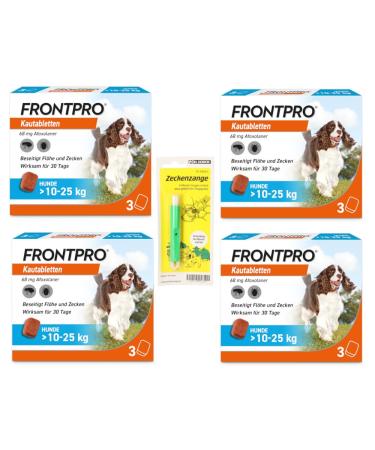 FRONTPRO Chewable Tablets for Dogs 10-25 kg 12-month set for protection against ticks and fleas with tick tweezers: Protects for up to 12 months