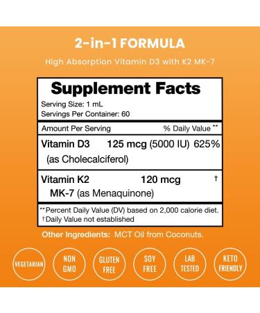 Vitamin D3 K2 Drops - Liquid 5000 IU D3 & K2 with MK7 for Bones, Heart & Immune Health - MCT Oil for Better Absorption - Kids & Adults - Buy Online on GoSupps.com