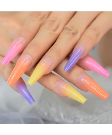 Colorful Ombre Rainbow French Coffin False Nails - Long-lasting, Reusable, Summer Shades | L5880 - Buy Online on GoSupps.com