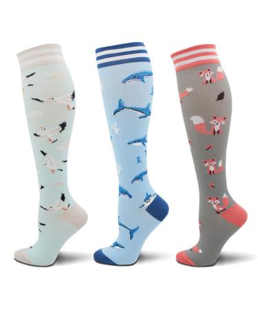 Fenglaoda compression stockings for women best support 15 - 25 mmHg knee high colorful cute funny graded sports socks 3 pairs / seague / fox2 L -XL