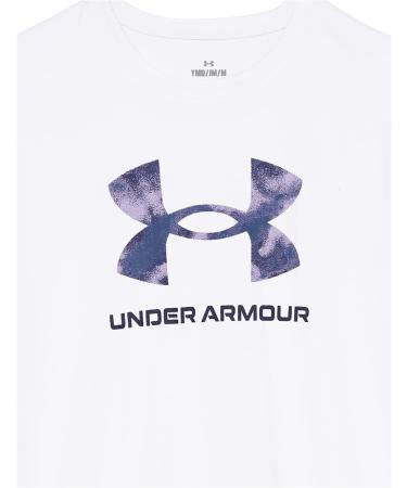 Under Armour Girls' Tech Print Big Logo Short Sleeve Crew - White/Nebula Purple/Sonar Blue (Size Small) - Buy Online on GoSupps.com