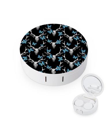 Deer Skull And And Blue Butterfly Round Case For Contact Lens Kit Storage Box with Mirror Printed