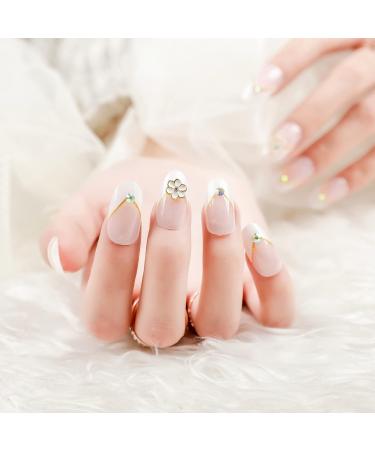 JUSTOTRY 24 Pcs 3D Flower Oval Short False Nails White French Press on Nails Pattern Wedding Fake Nails Short with Nail Glue Almond Medium Stick on Nails for Women Nails Fake Nail for Nails Art white&diamond 1