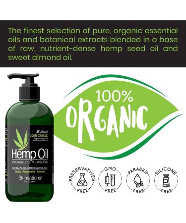 Skinsations Hemp Massage Oil & Sore Muscle Rub | 100% Organic with 10 Essential Oils | Natural Relief with Arnica Turmeric Peppermint & Lavender - Buy Online on GoSupps.com