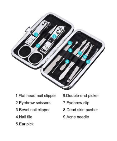 9pcs Stainless Steel Fingernail Clippers Kit - Nail Clippers Nail File Ear Pick & Eyebrow Scissors (Black) - International Shipping Available - Buy Online on GoSupps.com