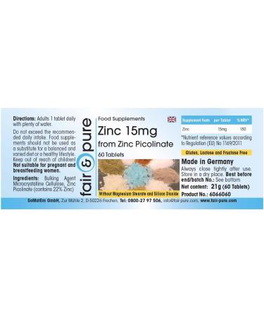 Fair & Pure - Zinc 15mg (elemental content) of zinc picolinate - vegan - high dosage - 60 zinc tablets - Buy Online on GoSupps.com
