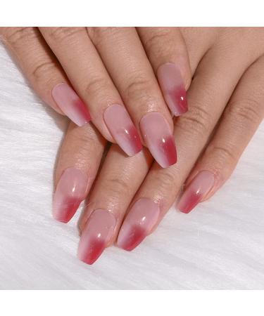 Sethexy pink coffin false fingernails ballerina false nails gradient glossy nails to stick 24st acrylic art press on nail tips for women and girls