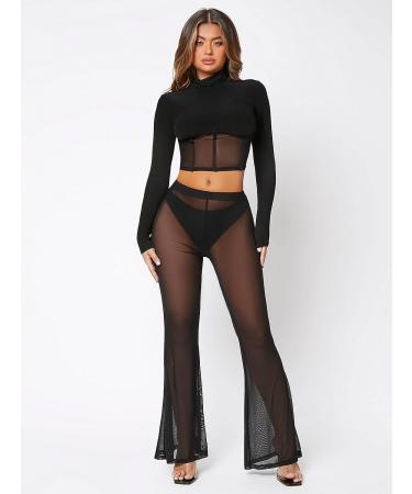 Verdusa Women's Sheer Mesh Elastic Waist Bell Bottom Trousers, X-Large Black - Buy Online on GoSupps.com