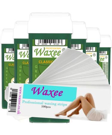 6x 100ml roll on wax roller wax cartridge + 100 strips Body & Leg waxing Classic Green from UK Brand- Waxee