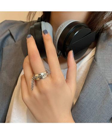S925 Gothic Signet Knuckle Ring Set - 2Pcs Chain Tassel Midi Ring for Women & Girls - Carved Medallion Design - Buy Online on GoSupps.com