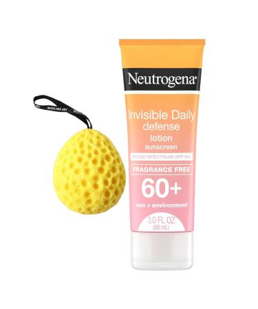 Sunscreen Cream Invisible Daily Defense Fragrance-Free Lotion Broad Spectrum SPF 60+ 3.0 Ounces - Water-Resistant Lightweight Formula for Sensitive Skin with Westlake Art Bath Sponge Pack of 1