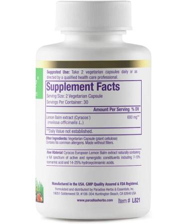 Paradise Herbs Lemon Balm - 60 Vegetarian Capsules for Relaxation & Wellness - Buy Online on GoSupps.com