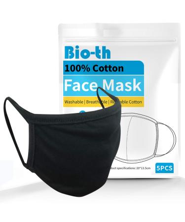 Bio-th Cloth Face Masks Reusable Washable - 5 Pack Black Face Masks Breathable Premium Comfort Ear loop Cotton Men Women L/XL