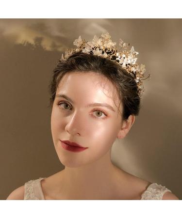 Bridal Butterfly Flower Tiara Crown | Rhinestone Pearl Headpiece for Women and Girls - Perfect for Wedding, Birthday Party | Gold Fairy Crown Hair Accessories - Buy Online on GoSupps.com