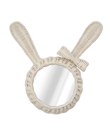 Rattan Wall Mirror Rabbit Shaped Decorative Hanging Mirror Retro White HD Mirror for Bathroom Bedroom Living Room
