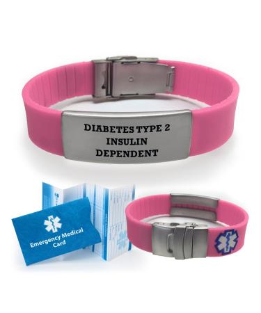 Diabetes Type 2 Insulin Dependent Medical Alert ID Bracelet for Women Pink