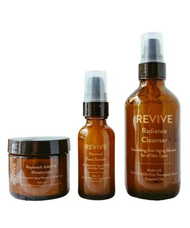 REVIVE Skin Health 3-Step Skincare Collection with Skin Health Essential Oil Blend - Radiance Cleanser Renewal Serum and Replenish AM/PM Moisturizer - Non-Toxic Skincare