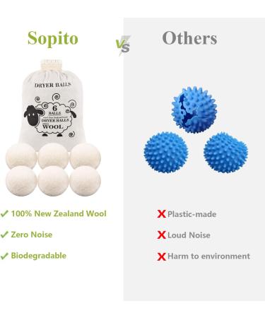 Sopito XL Wool Dryer Balls - 6pcs Set | Reduce Drying Time & Wrinkles | Static & Tangle-Free Laundry | Softens Fabric & Fluffs Clothes | Premium Natural Wool - Buy Online on GoSupps.com