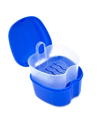 Genco Dental Denture Case, Denture Box with Strainer, Night Cleaner Denture Bath Box for Retainer, Mouthguard, False Teeth, and Denture Cleaning (Blue)