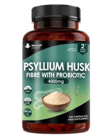 Fibre Supplement 4000mg Psyllium Husk With Probiotic Acidophilus - High Strength - Natural Soluble Fiber Supplement From Plantago Ovata Seeds 120 Psyllium Husks capsules Vegan Made in UK by New Leaf 120 Count (Pack of 1)
