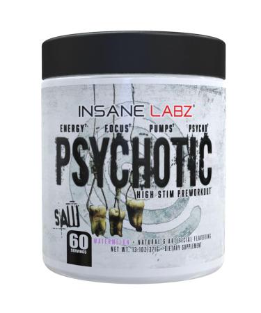 Insane Labz Psychotic Saw High Stim Pre Workout Powder with OxyGold and AMPiberry Extreme Lasting Energy with Teacrine Focus with CognitIQ and Endurance (60 Servings Watermelon)
