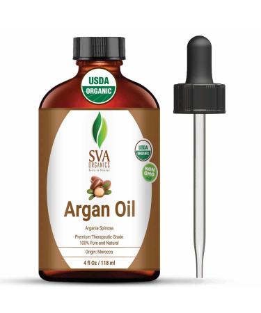 SVA ORGANICS Argan Oil Organic Cold Pressed 4 Oz USDA 100% Pure & Natural Authentic Premium Therapeutic Grade Carrier Oil for Shiny Hair  Beard  Face  Dry Skin Care  Body Moisturizer