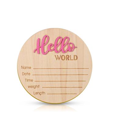 Announcement sign baby 15cm wood Hello World welcome sign for newborn name sign baby birth for photo requisites baby party hospital (pink)