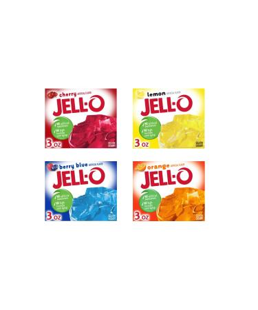 Fruit Flavoured Jell-O Bundle. Includes a (4) Package Variety Bundle of Jell-O Berry Blue Cherry Lemon Orange (85g per package) with BIG MAPLE Trivia Cards to enjoy with your