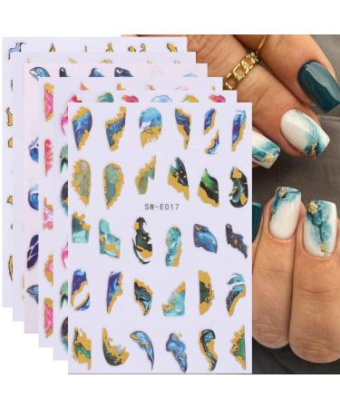 Marble Nail Art Stickers Decals Cyan Blue Gold Stripe Line Nail Decals 3D Self-Adhesive Marble Wave Nail Art Supplies French Tip Nail Design Stickers for Women Nail DIY Decorations 6Sheets